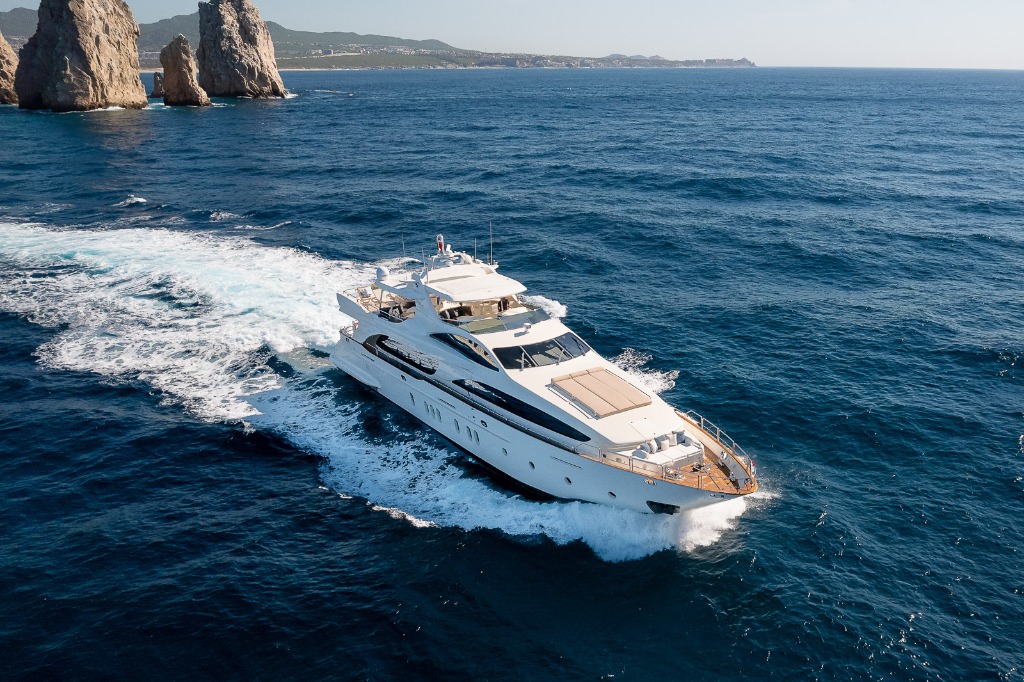 Capella 116-foot Azimut-Benetti luxury yacht charter in Cabo San Lucas, Los Cabos, Mexico - Aerial View of 116ft Capella Cruising Past Land's End