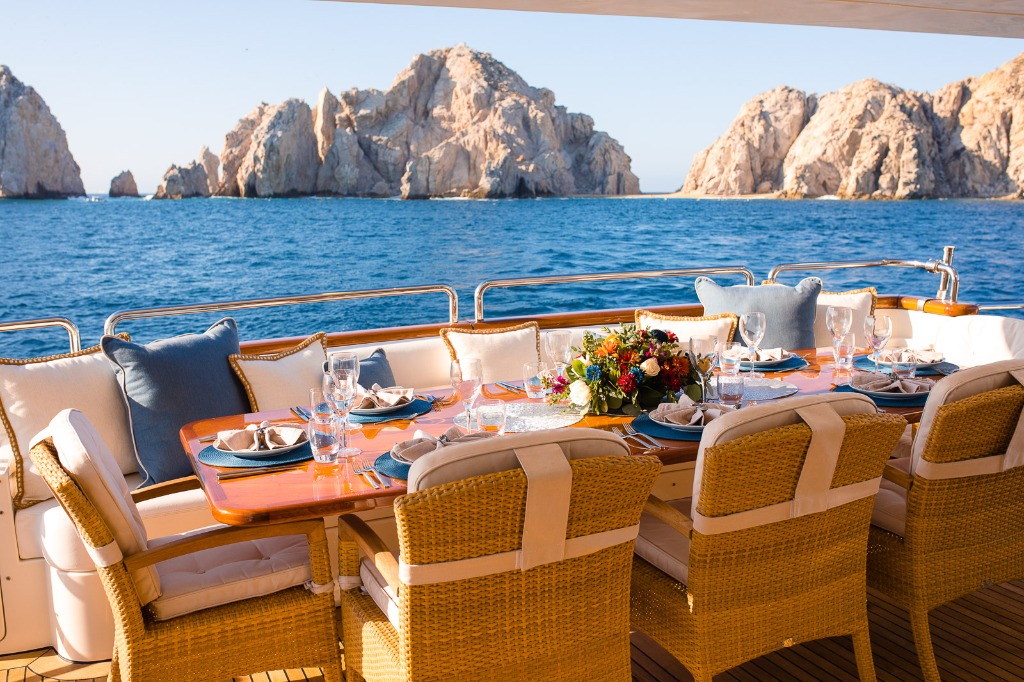 Aft Deck Formal Dining with Land's End Arch View