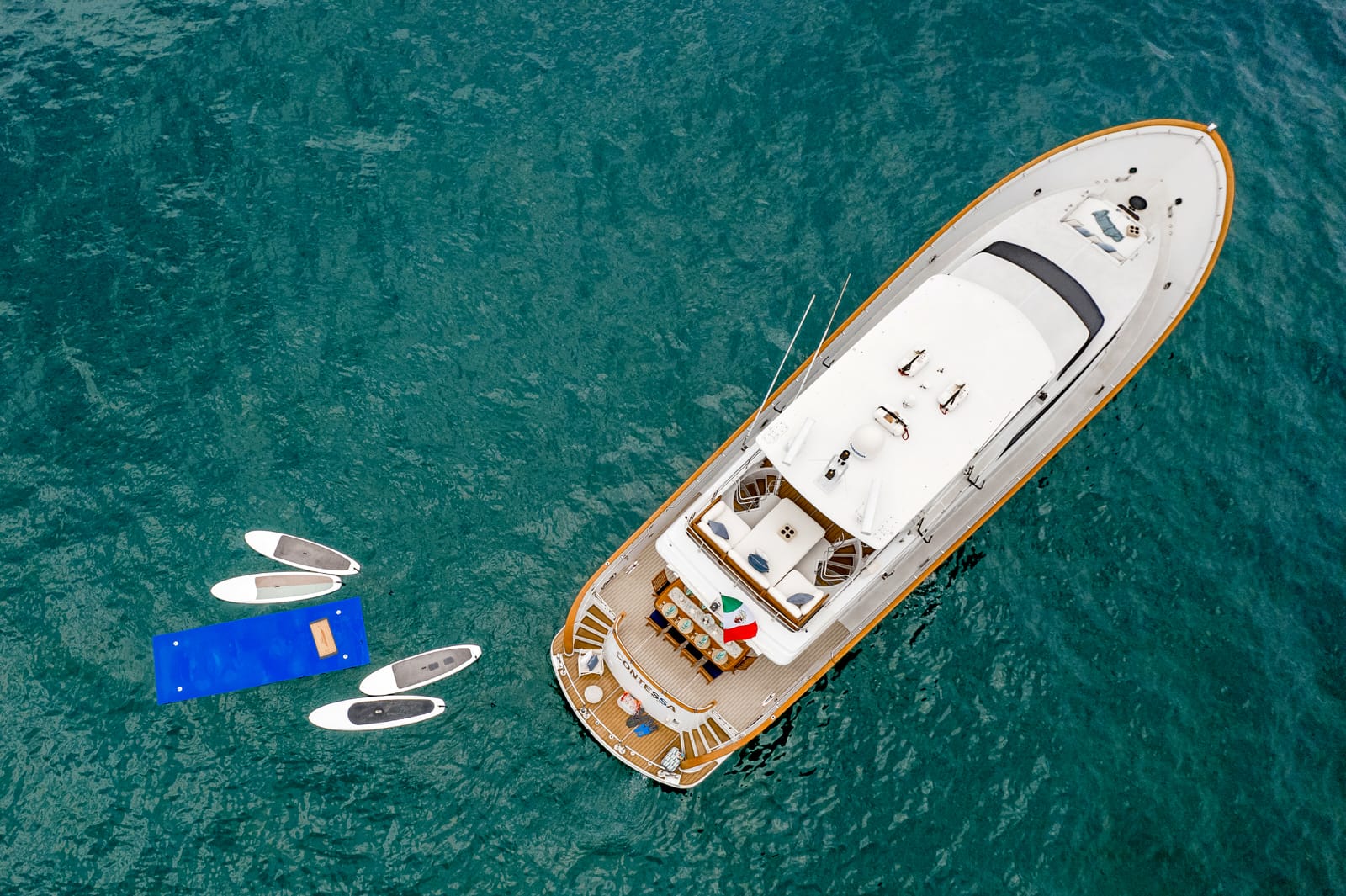 Top-Down Aerial View of 85ft Contessa & Water Toys